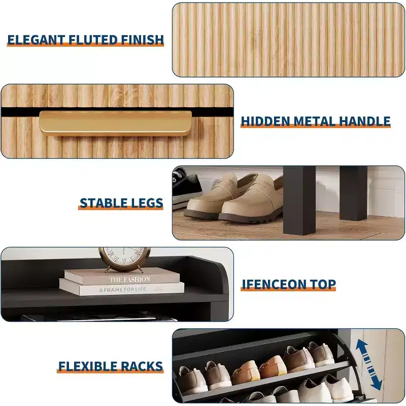 Garvee Shoe Storage Cabinet with 4 Flip Drawers, Fluted Narrow Shoe Storage Cabinet Organizer with Legs,Black+Natural Oak