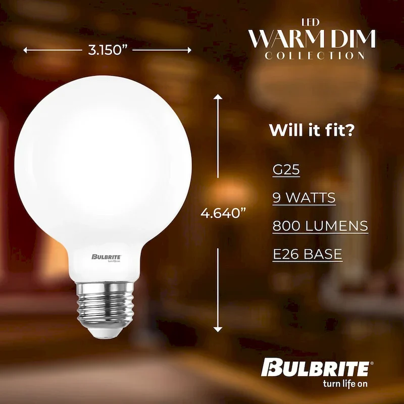 Bulbrite 9 Watt LED G25 Light Bulbs, Warm Dimming 3000K (Soft White) - 1800K (Candlelight), 800 Lumens, (2 Pack) - Pack of 2