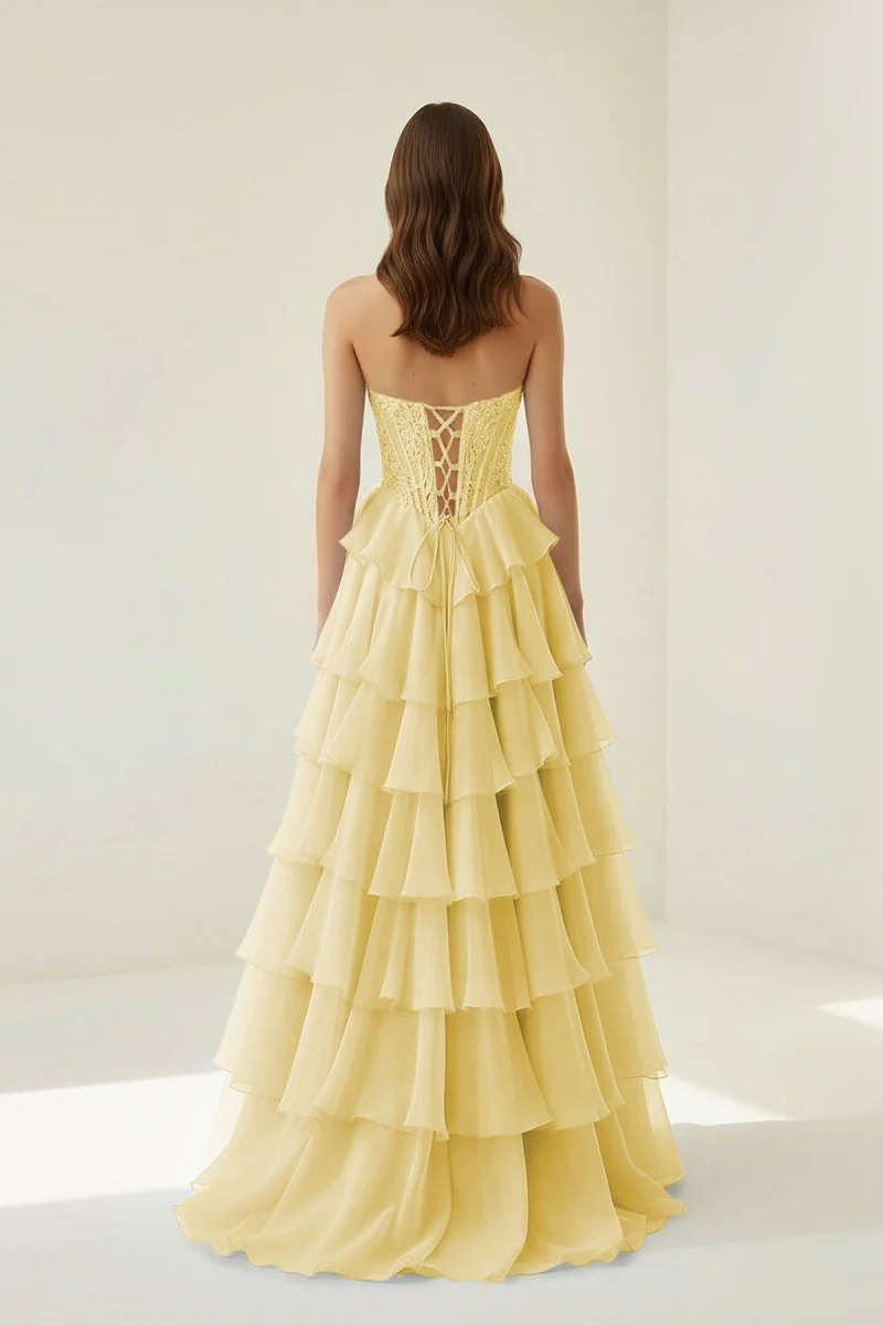 Yellow - Strapless A Line Chiffon Ruffled Prom Dresses With Appliques