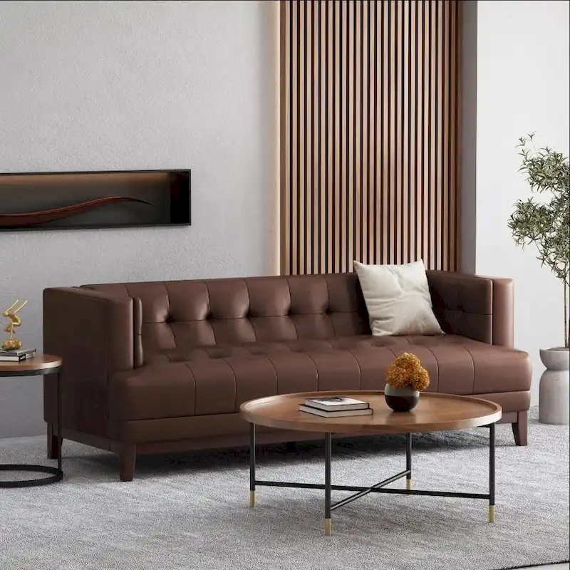 Dark Brown Mid-Century Button Tufted 3-Seater Sofa with Wood Legs