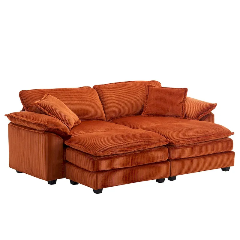 Modern 2-Seater Corduroy Sofa with 4 Support Pillows and 2 Ottomans