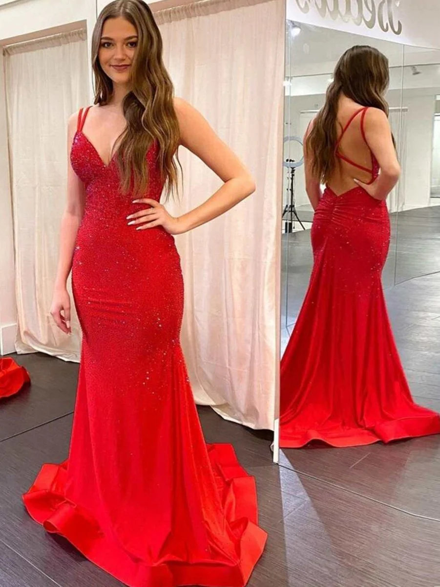 Mermaid V Neck Beaded Satin Prom Dress