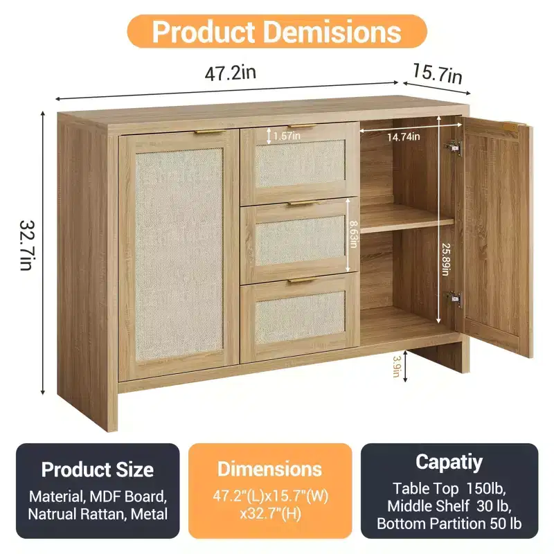 Garvee Rattan Sideboard Buffet Cabinet With 3 Drawers, Storage Cabinet With Adjustable Shelf, Wooden Cabinet for Living Room, Kitchen,Entryway
