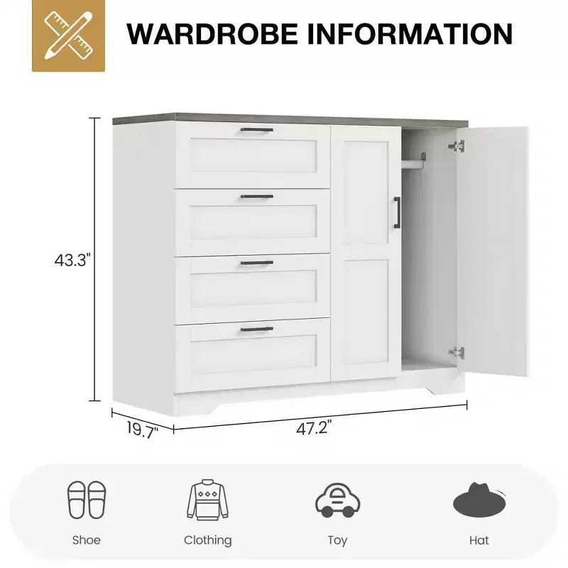 43.3 H Wooden Dresser, Multifunctional Low Wardrobe Armoire with 4 Drawers & Hanging Rod, Storage Cabinet for Bedroom Living Room
