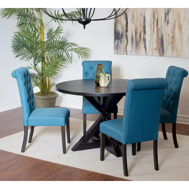 Modern Style 5-Piece Dining Set with Cross Base Round Table and 4 Button Tufted Linen Upholstered Chairs