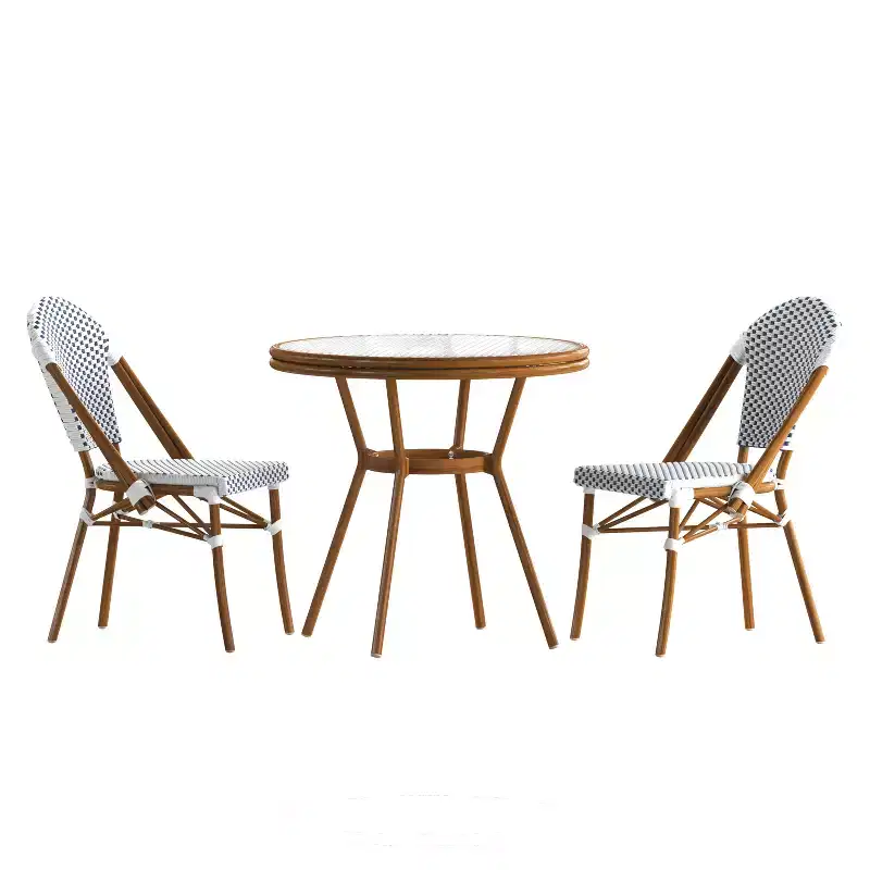 Flash Furniture Lourdes Indoor/Outdoor Commercial Bistro 31.5 Table, PE Rattan, Glass Top with 2 Stack Chairs