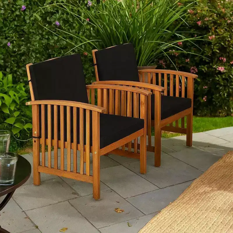Royal Hampton Outdoor Armchair Set of 2, Black Cushions, Natural Brown Wood