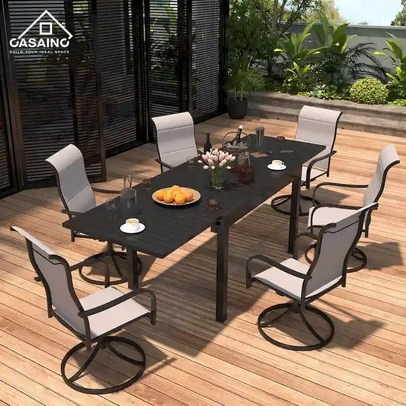 7 Piece Metal Frame Patio Dining Set, Aluminum Extendable Dining Table - N/A