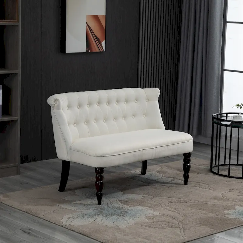 Upholstered Armless Fabric Loveseat with Button Tufted Design for Living Room with Wood Legs, Cream White
