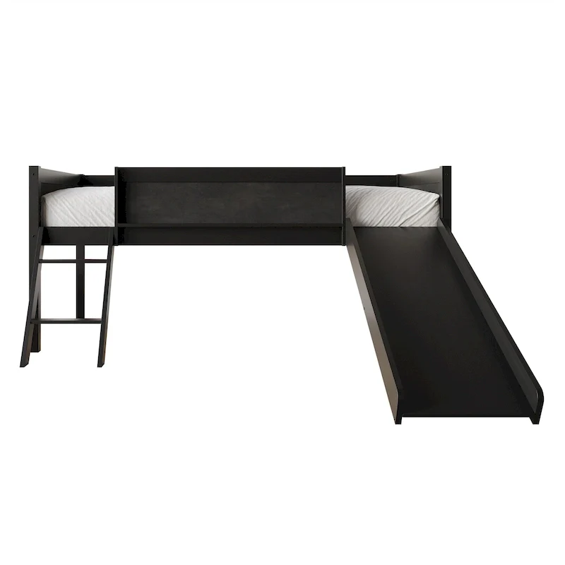Black / White / Grey Twin Low Loft Bed with Slide, Ladder & Chalkboard – 1 Child