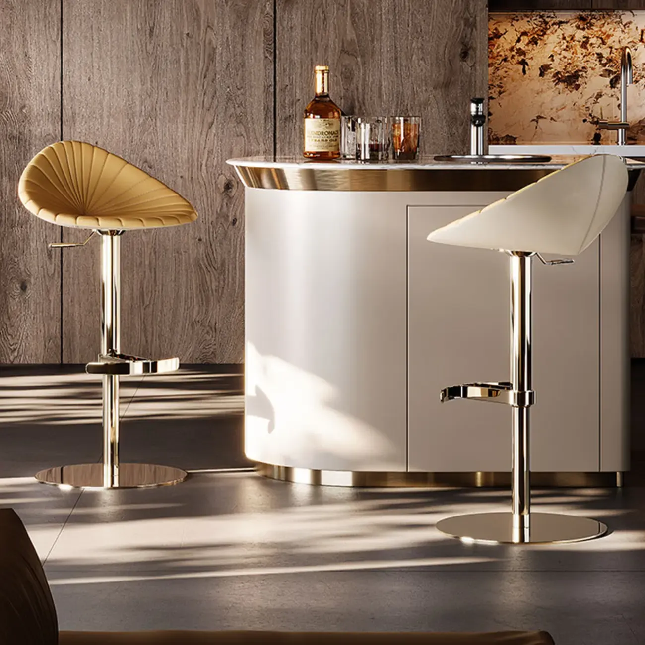 Luxury Adjustable Height Leather Bar Stool Gold Pedestal