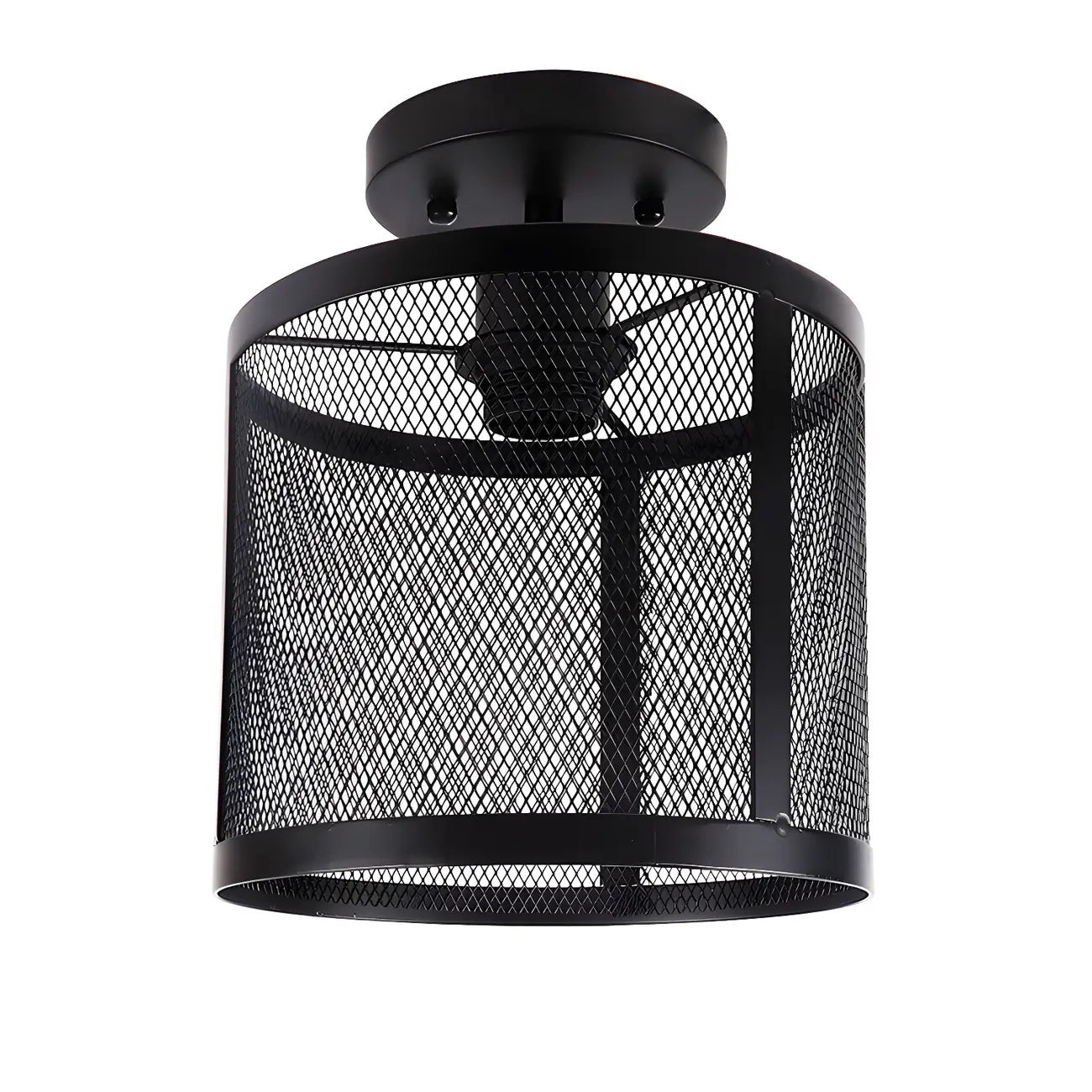 Industrial Black Iron Mesh Cylinder Semi Flush Ceiling Light