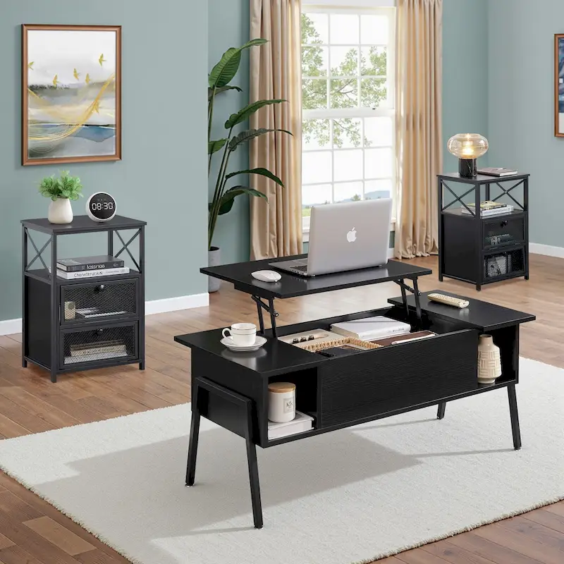 Dark Brown Lift-Top Coffee Table Set for 2-4 People with Storage and 2 Nightstands