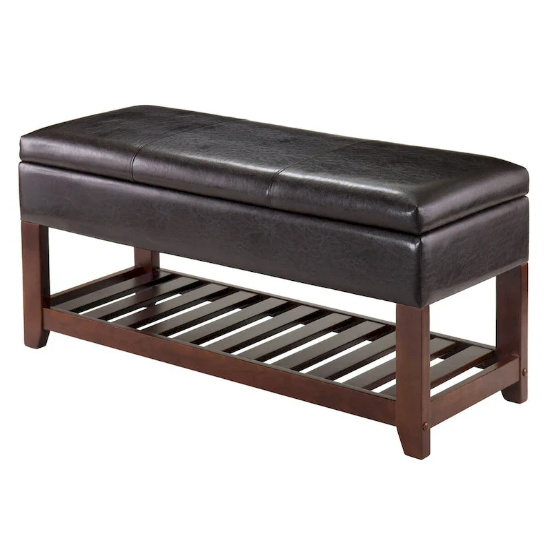 Storage Chest Bench with Padded Seat and Wood Shelf