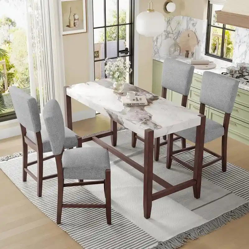 Modern 5-Piece Counter Height Dining Table Set, Faux Marble Bar Table and 4 Upholstered-Seat Chairs