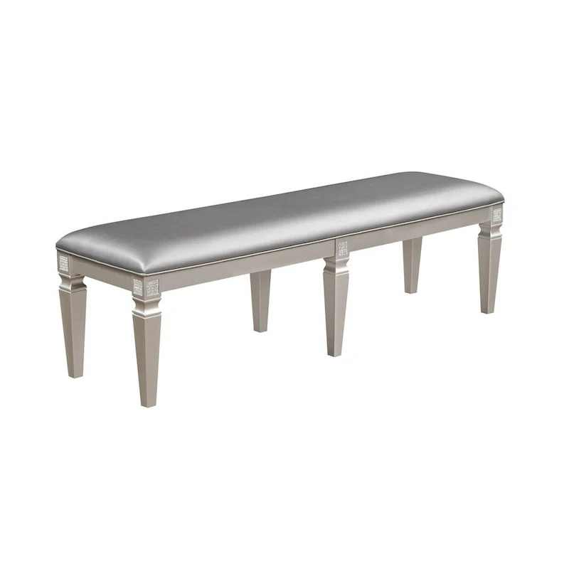 60 Inch Dining Bench, Sparkling Silver Gray Faux Leather, Wood Frame