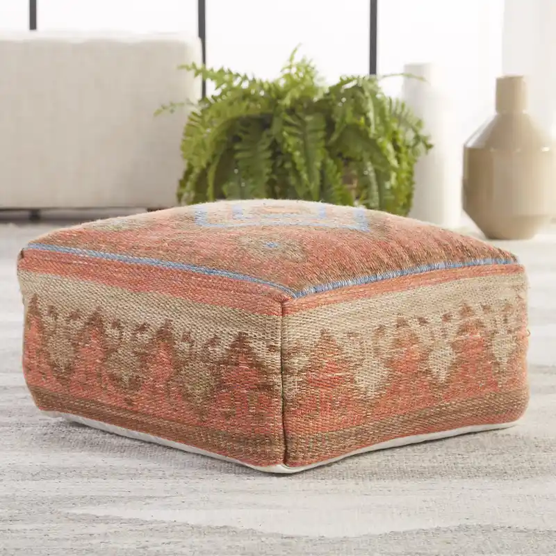 Orange/Blue Kilim-Style Cube Pouf, 20