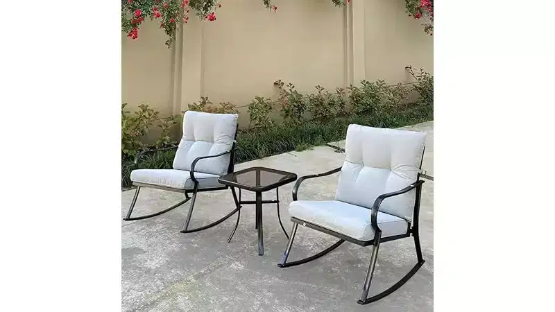 Rocker Set Chair and Outdoor Patio Bistro Set with Metal Frame and Waterproof Cushions for Porch, Backyard, and Poolside Off White