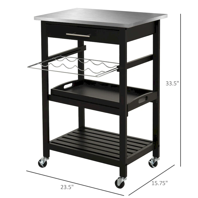 HOMCOM Kitchen island Cart Rolling Trolley Utility Serving Cart with Stainless Steel Tabletop, Wine Rack & Drawer