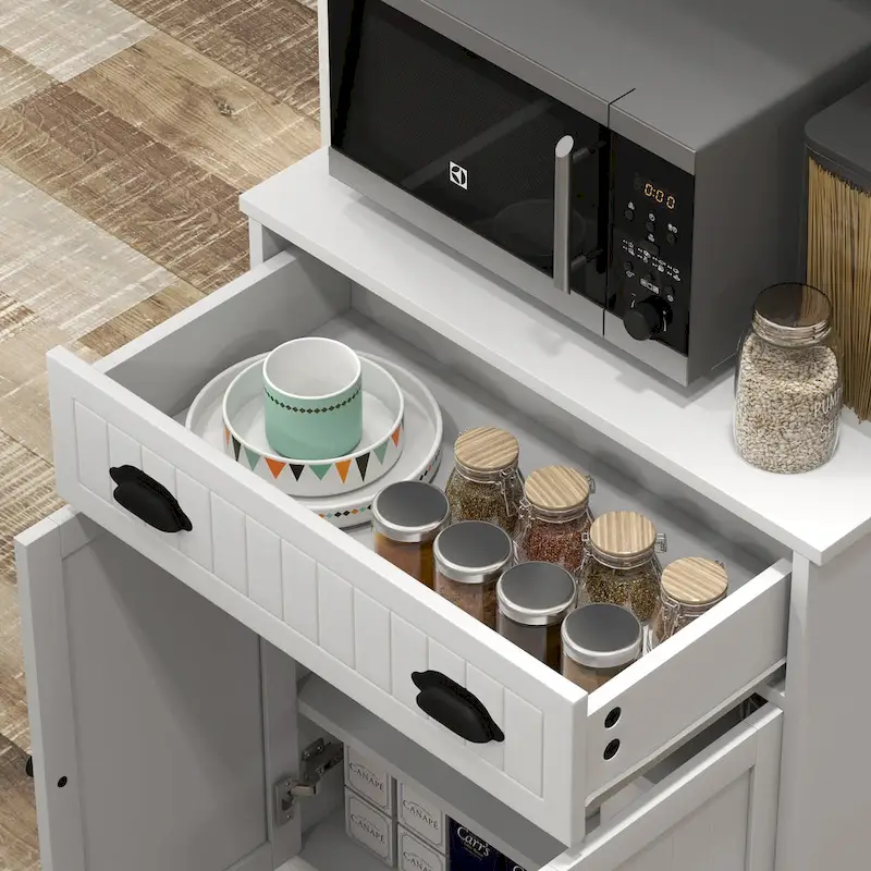 Microwave Cabinet with Storage Drawer - Multi-Tier Kitchen Stand (White)