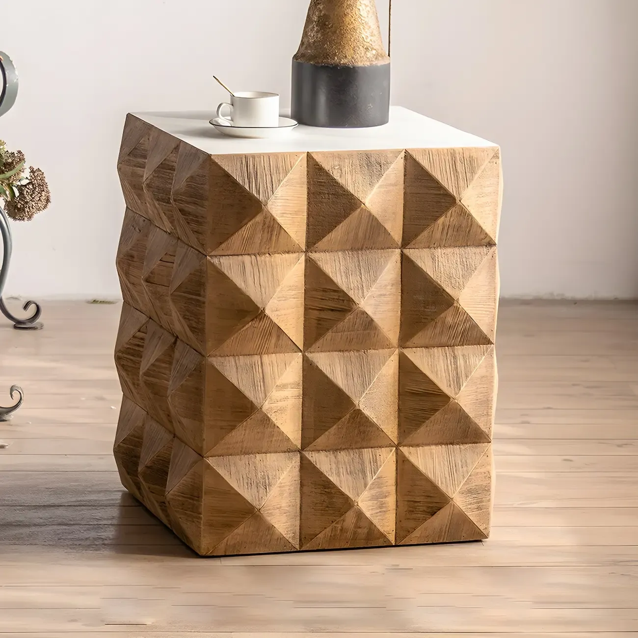 Elegant Geometric Wooden Block Accent Side Table