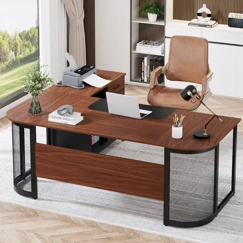 Large 63  L-Shaped Executive Office Desk with 31 File Cabinet