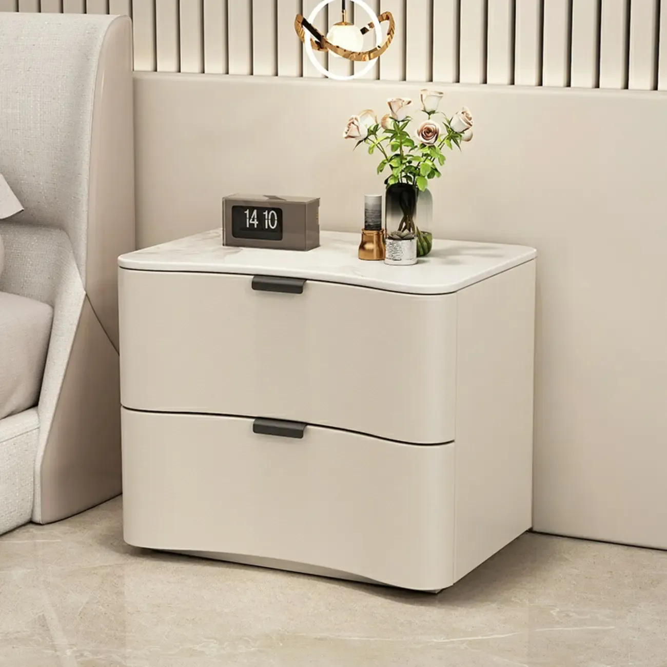 Modern Waved Stone Top Leather 2-Drawer Nightstand