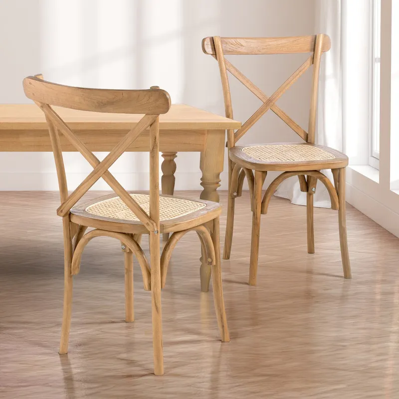 Colmar Classic Traditional X-Back Wood Rattan Dining Chair, Natural (Set of 2) by JONATHAN Y