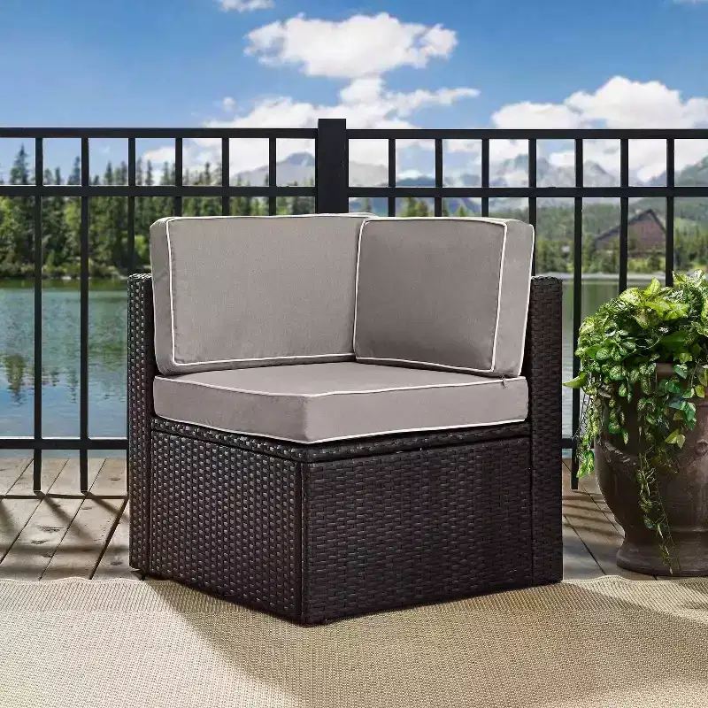 Palm Harbor Outdoor Wicker Corner Chair - Gray - Crosley: Steel Frame, UV-Resistant, Polyester Cushions