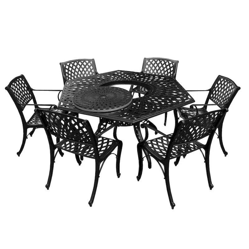 Lattice 63 inch Hexagon Dining Set with Lazy Susan and Six Chairs