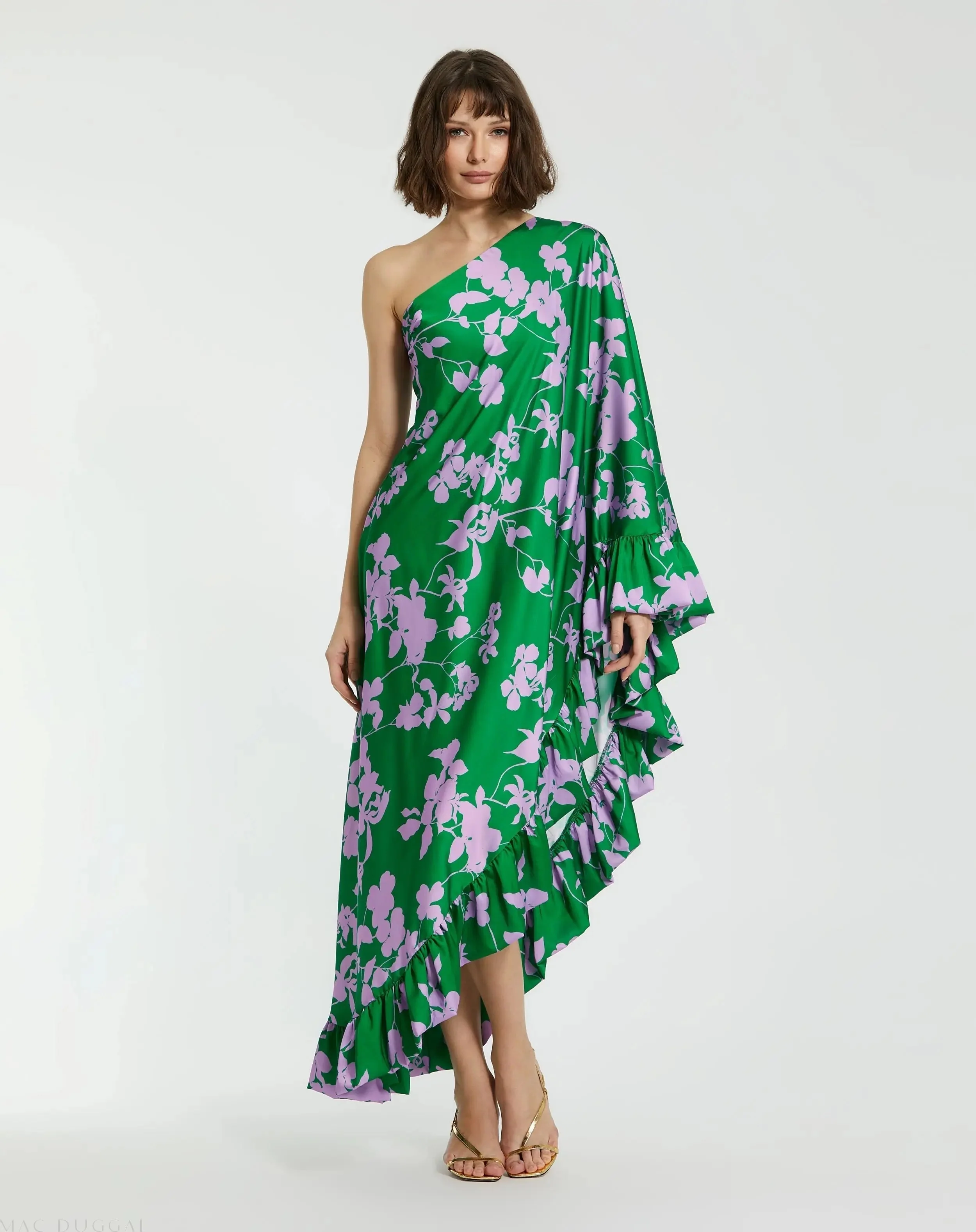 Green Printed Charmeuse One Shoulder Draped Gown