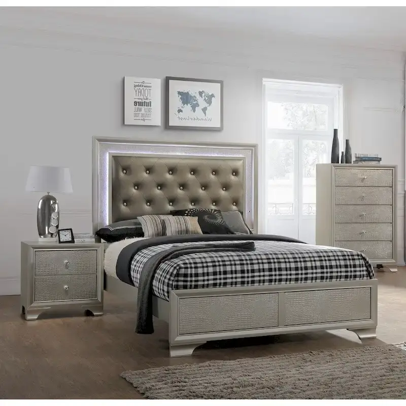 LED Light Faux Leather Upholstered Wooden Bed Chest Nightstand 3pc Set