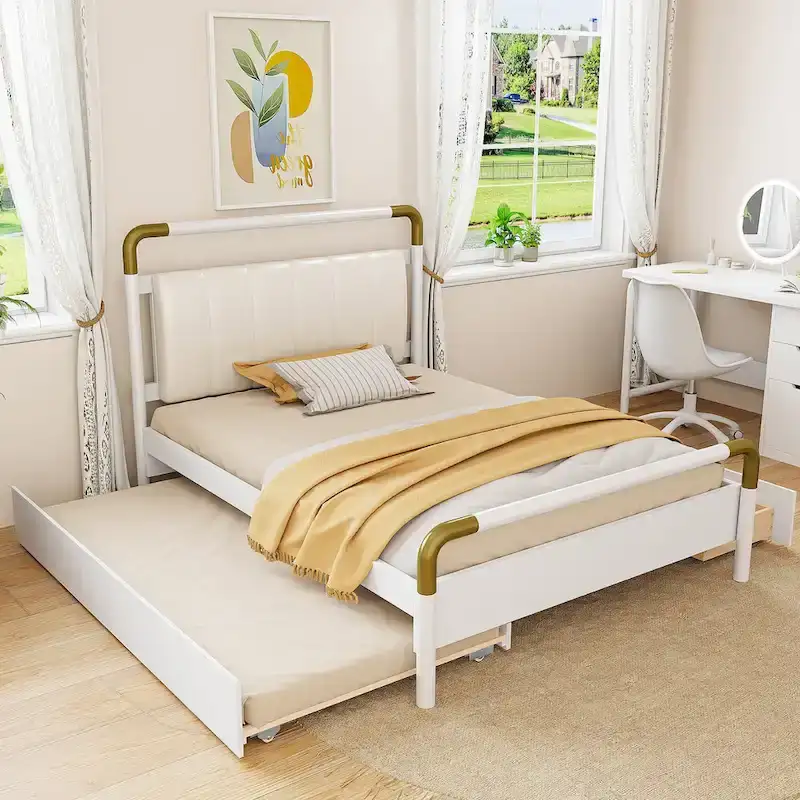 White Canopy Queen Platform Bed with Drawers & Twin Trundle, Sleeps 2