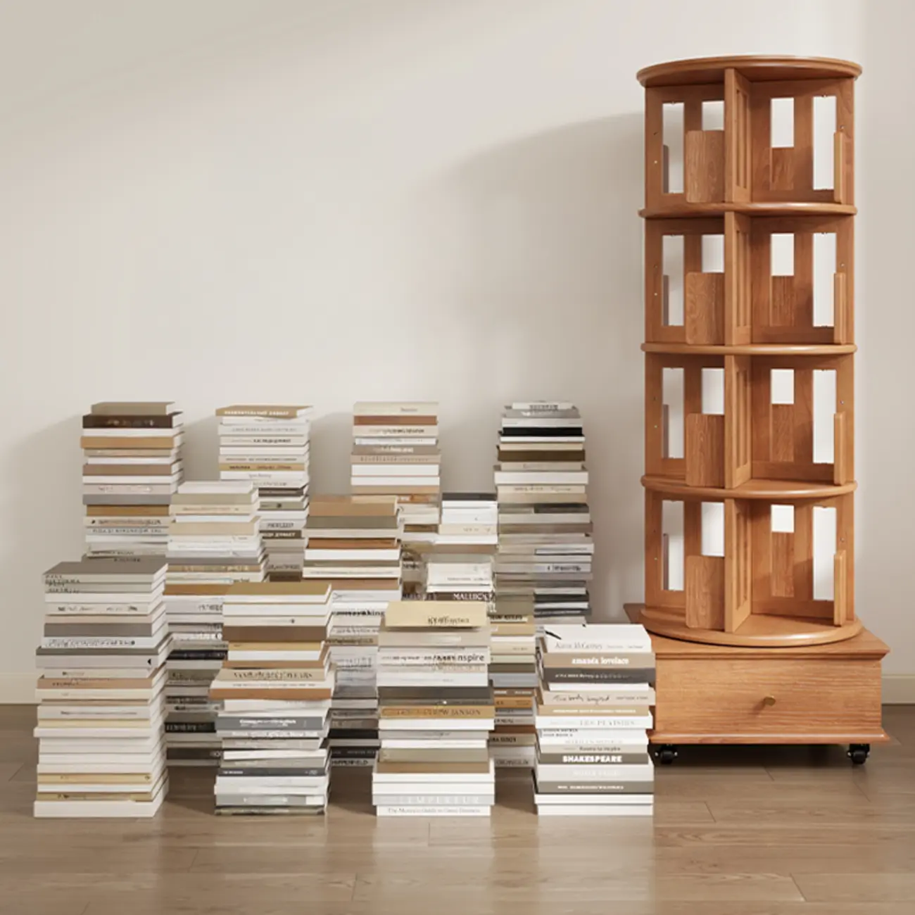 Cylindrical Movable 360° Rotating Wooden Bookshelf with Drawer