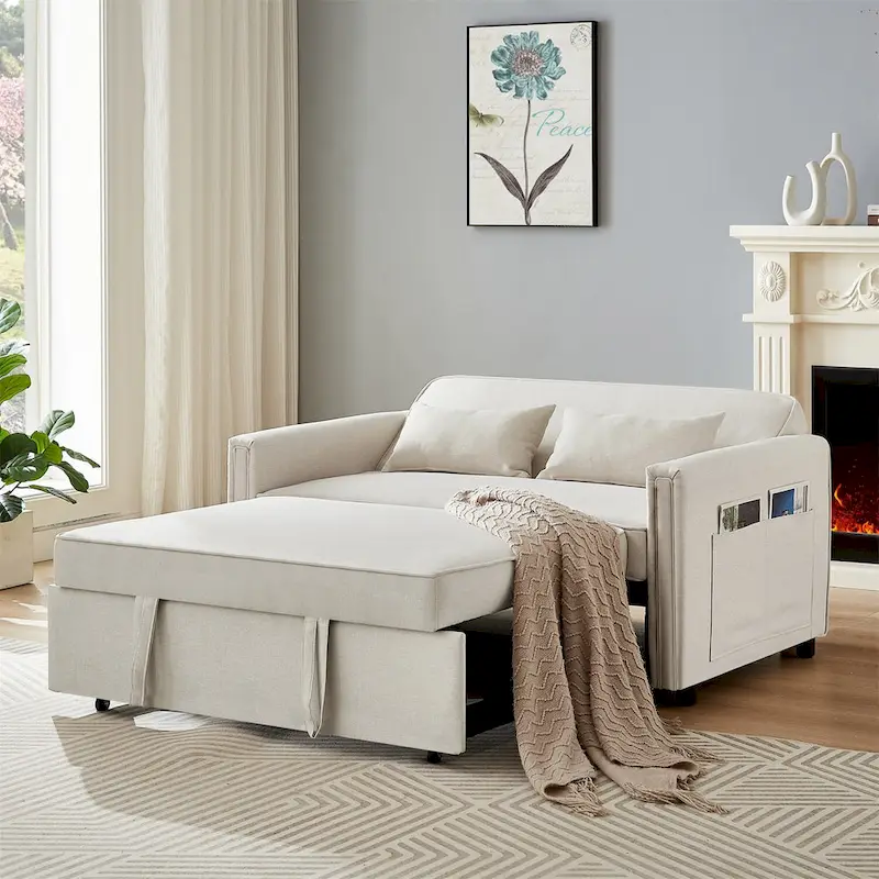 Modern Linen Convertible Sleeper Sofa Couch with 2 Lumbar Pillows