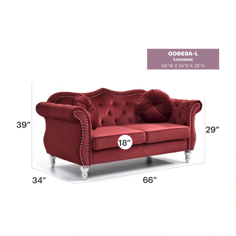 Hollywood 68 in. Velvet Chesterfield Loveseat with 2-Throw Pillow - 68L x 35W x 34H