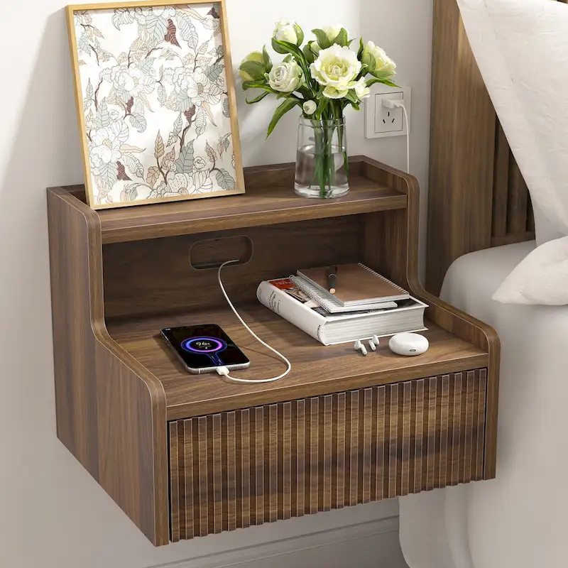2 Modern Floating Bedroom Nightstands with Storage Drawer and Open Shelf