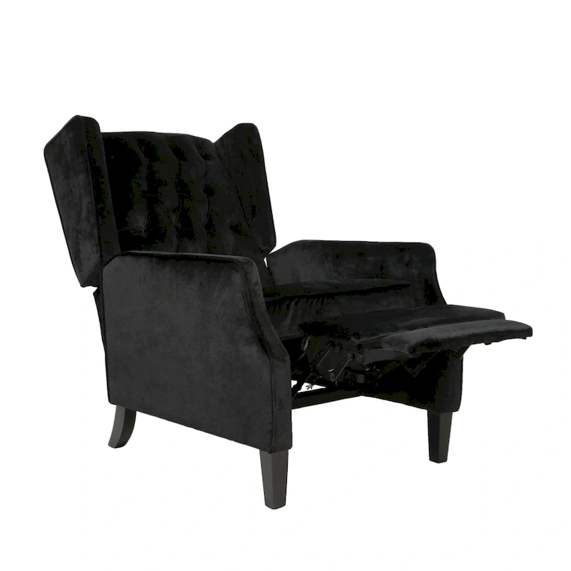 Black Velvet Mid-Century Wingback Push-Back Recliner with Footrest, Button-tufted Back