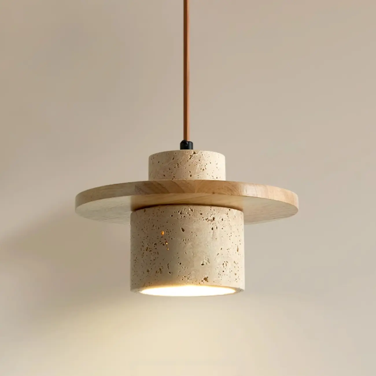 Modern Beige Stone Wood Disc Cylinder Pendant Light