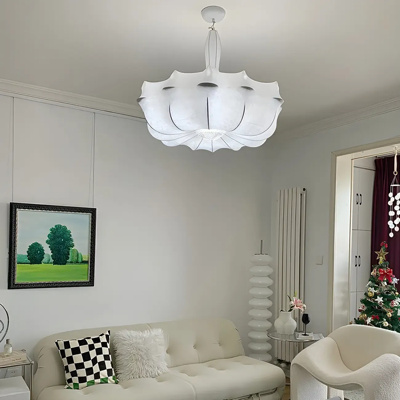 Modern White Flower-Shaped Drum Chandelier Height Adjustable
