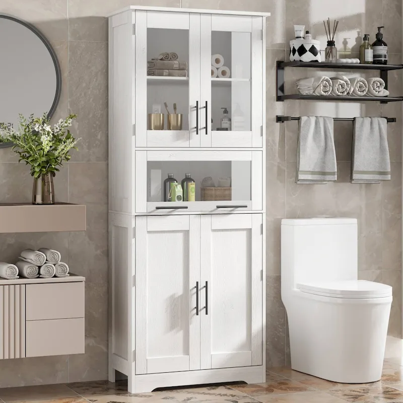 Tall Storage Cabinet with Glass Doors – White, Modern Style
