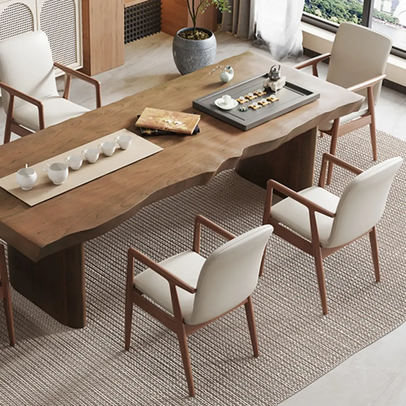 Modern Wood Faux Leather Upholstered Dining Armchair