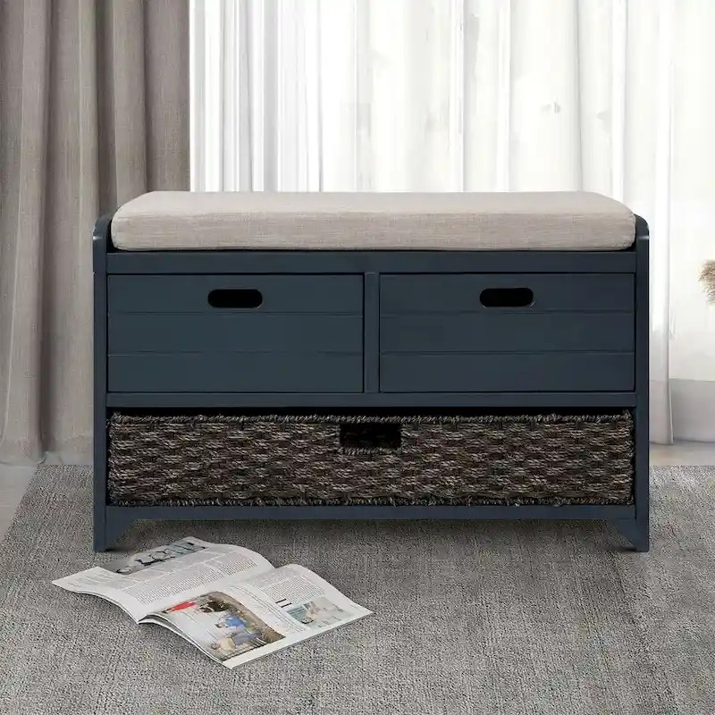 Modern Farmhouse Style Wooden Bench with 2 Drawers and a Woven Storage Basket