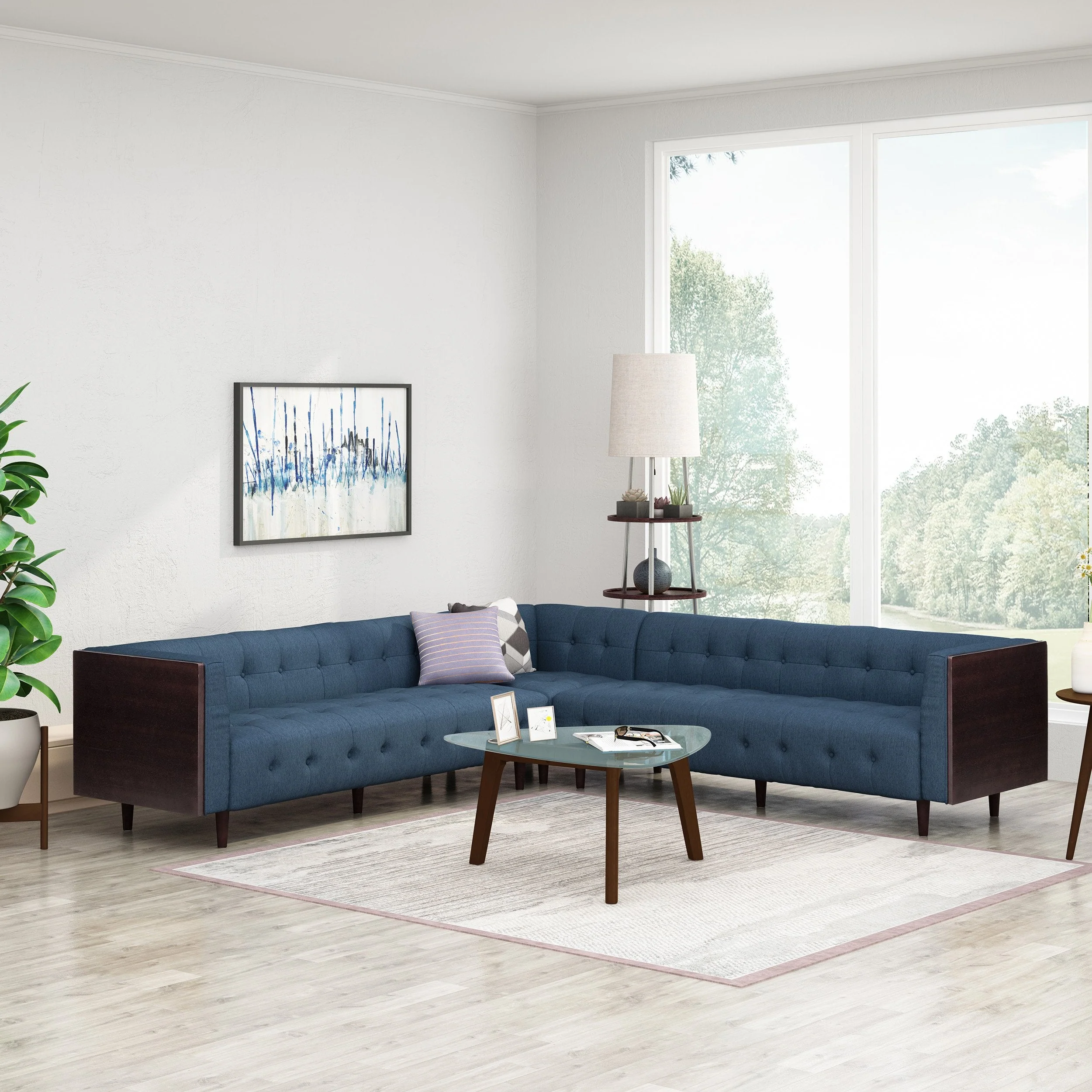 Mid-Century Modern Fabric Tufted Sectional Sofa Set - NH583413