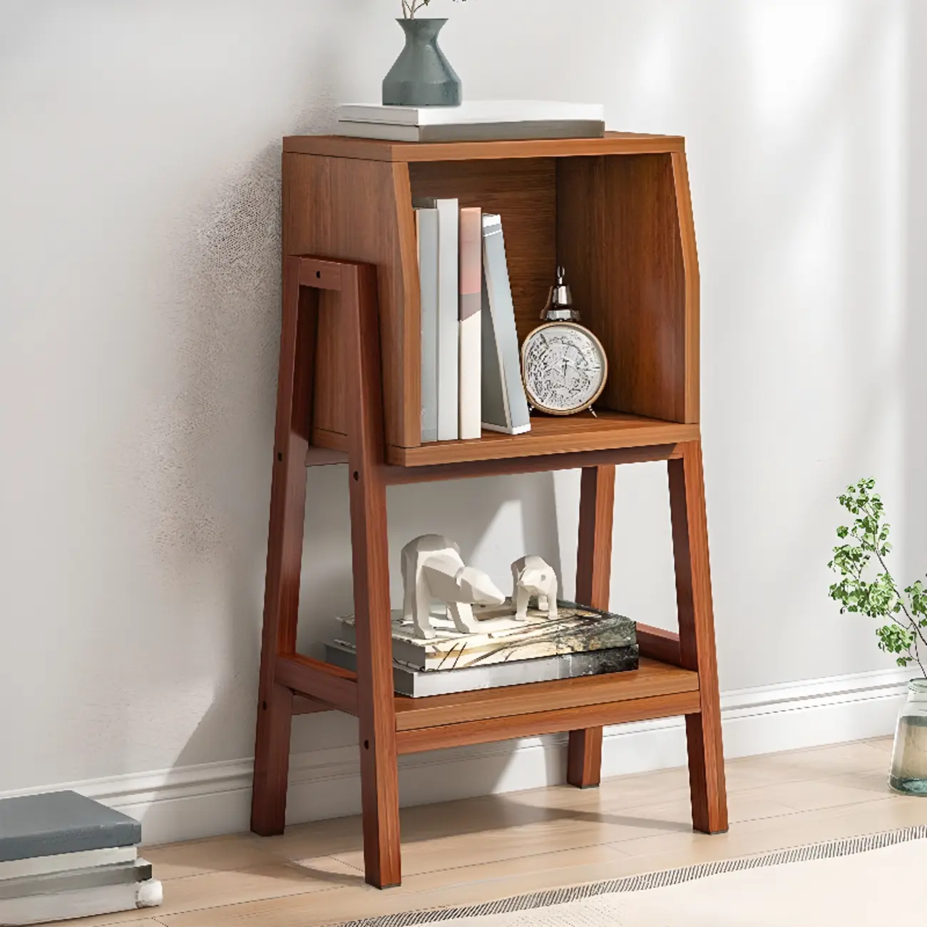 Narrow 2-Tier Natural White Wooden Ladder Bookcase