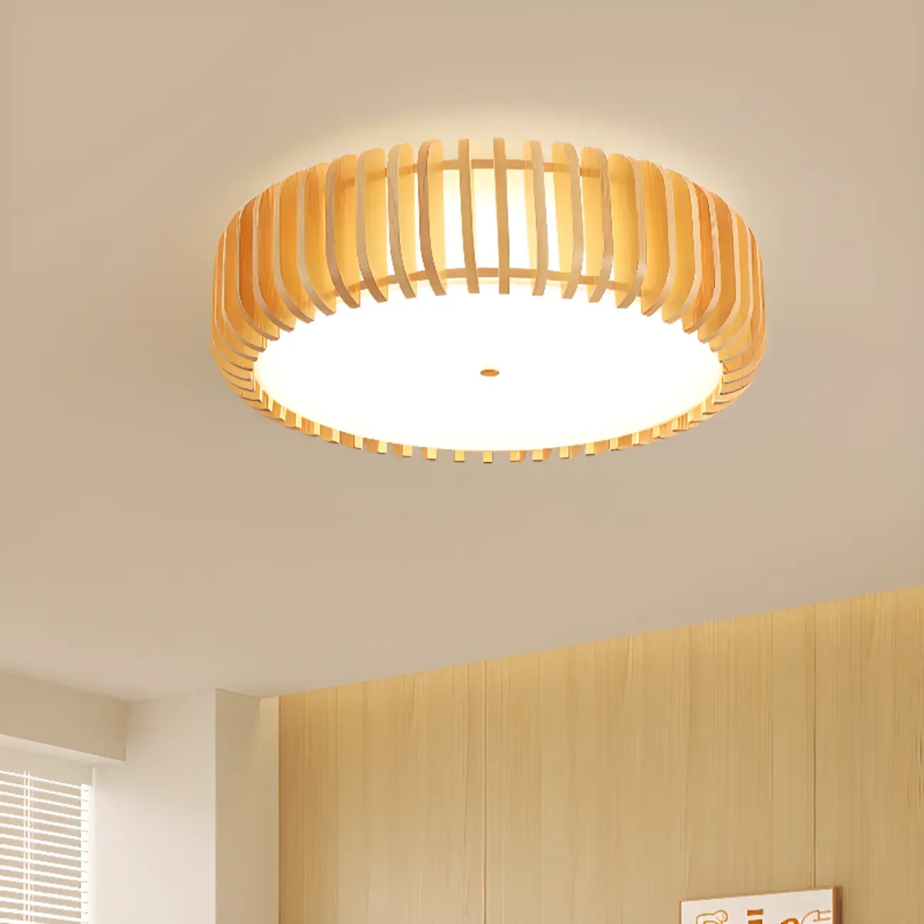 Natural Wood Circular Dimmable LED Flush Mount Ceiling Light
