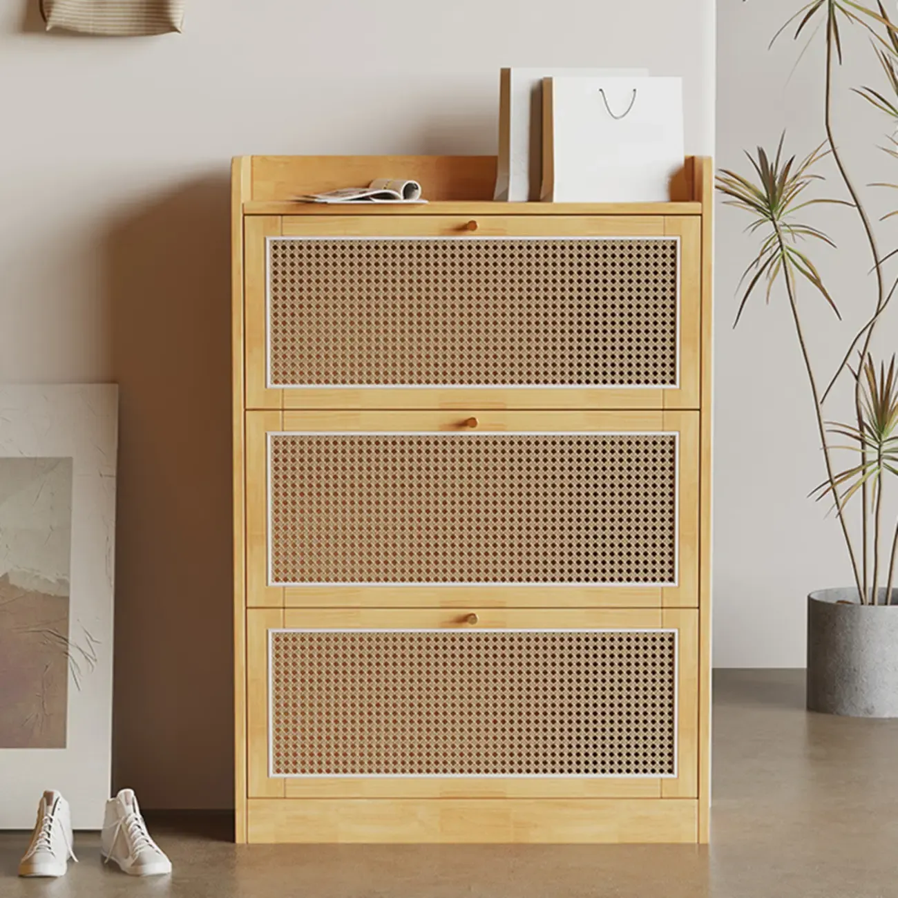 Bohemian Solid Wood Shoe Storage with Rattan Doors