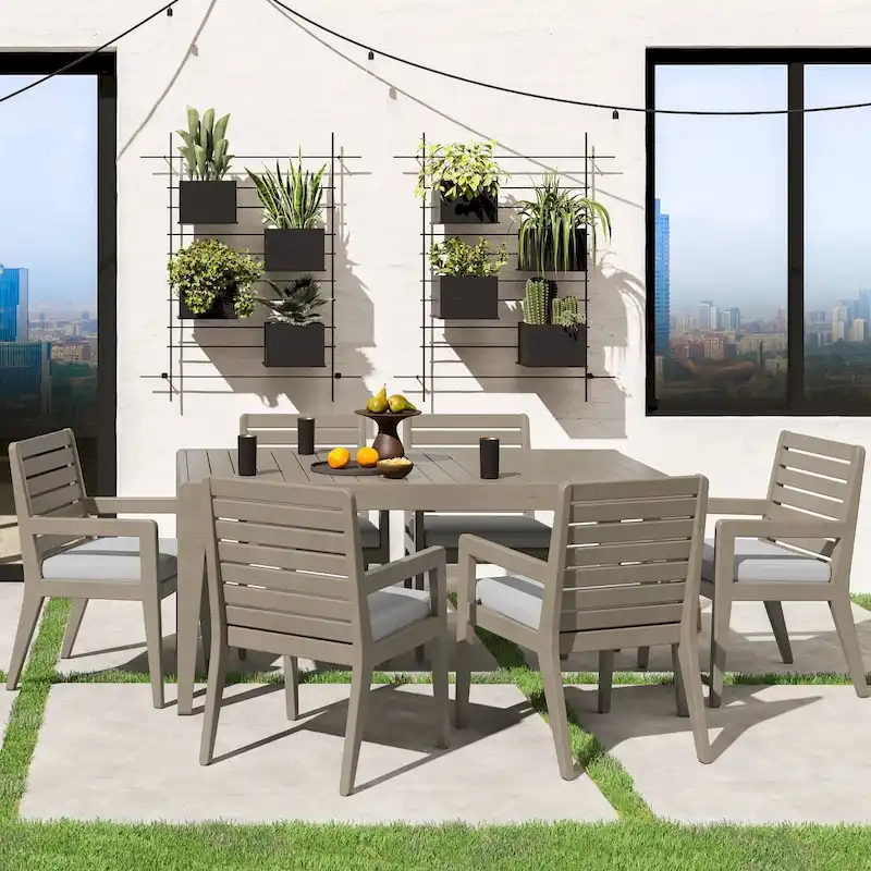 Homestyles 7-Piece Sustain Gray Wood Outdoor Dining Table and Six Armchairs Set