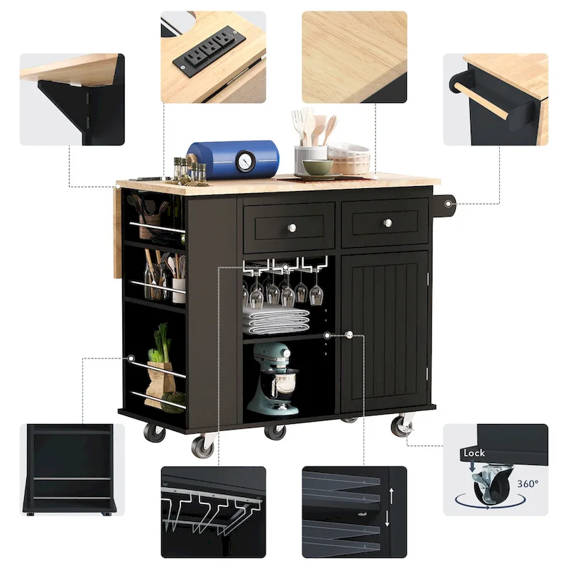 Adjustable Shelves Kitchen Island with Power Outlet and Drop Leaf