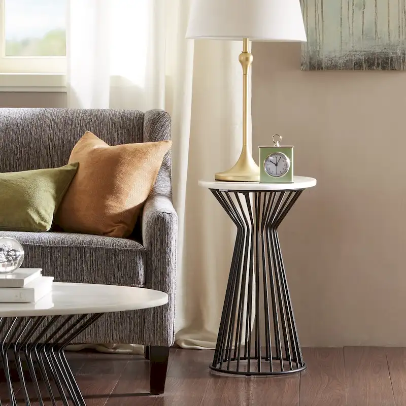 White Marble Top Round Pedestal Table - Black Metal Frame